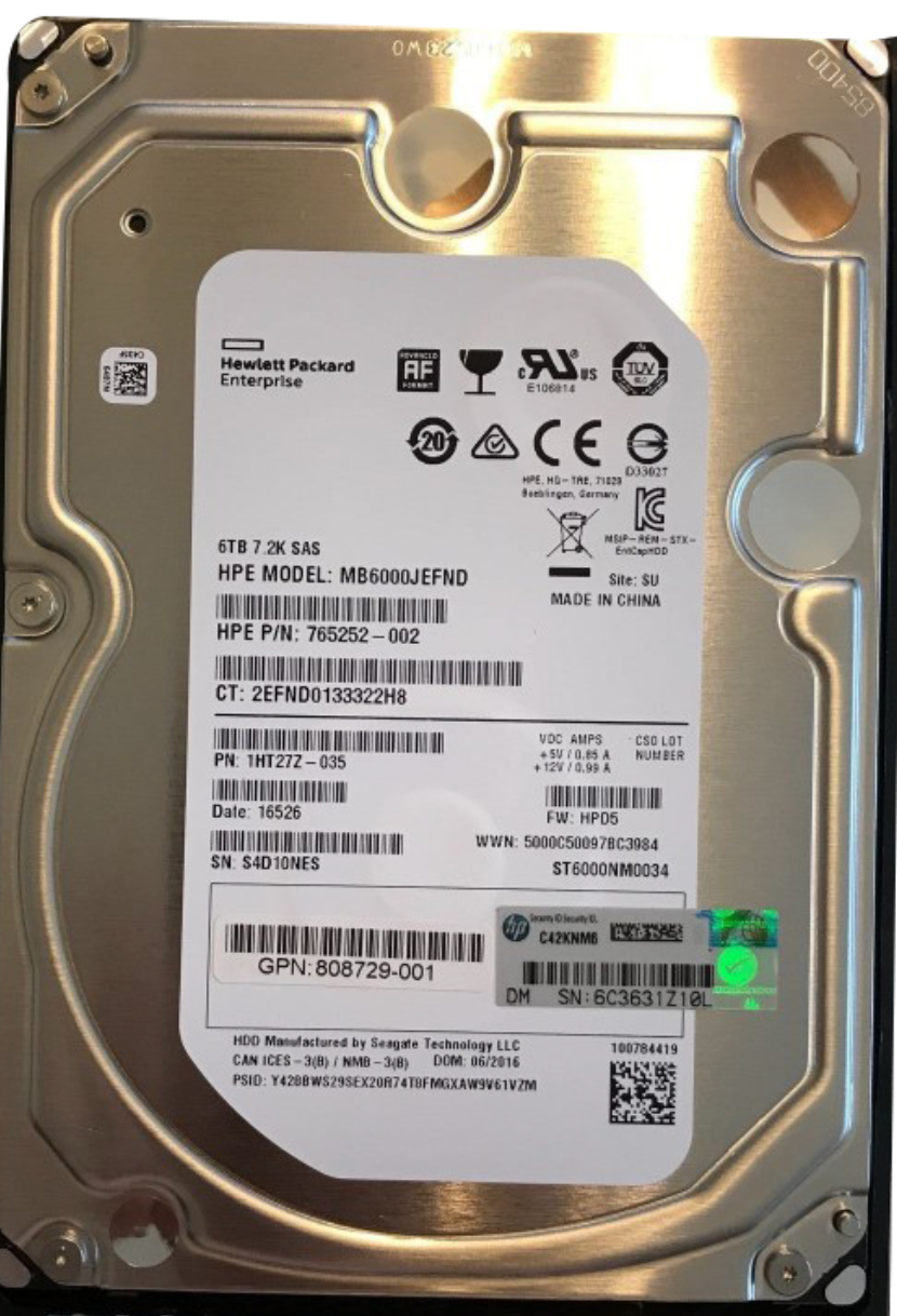 765252-002 HP  HPE 6TB SAS 12G 7.2K LFF SC 512e HDD