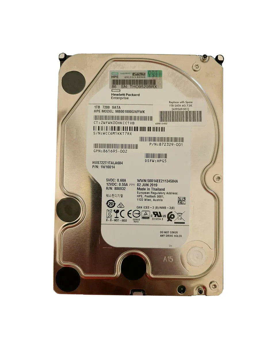Hard drive HPE MB001000GWFWK 1TB 7200RPM 3.5in SATA-6G Midline G9 G10 HDD