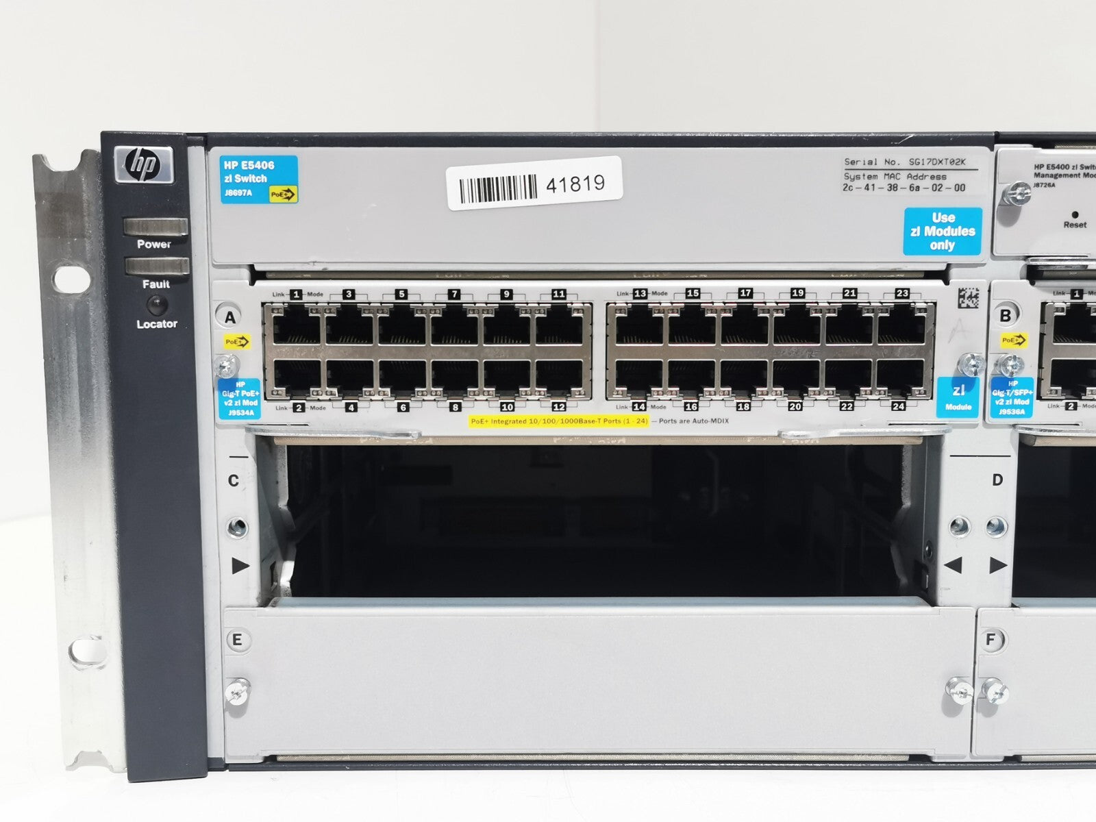 HP E5406 (J8697A) + 1x J9536A + 1x J9534A + 2x J9306A - 46 Port / Rack Mountable