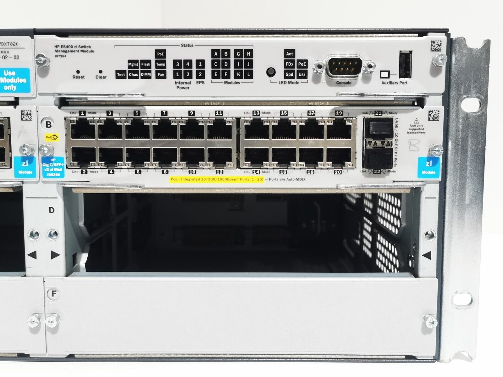 HP E5406 (J8697A) + 1x J9536A + 1x J9534A + 2x J9306A - 46 Port / Rack Mountable