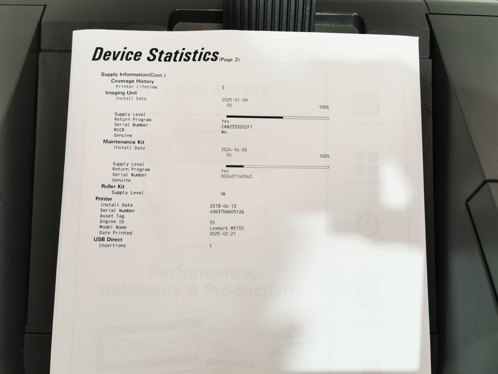 Lexmark M5155 Mono Laser Printer - USB/Ethernet - 244360 Page Count