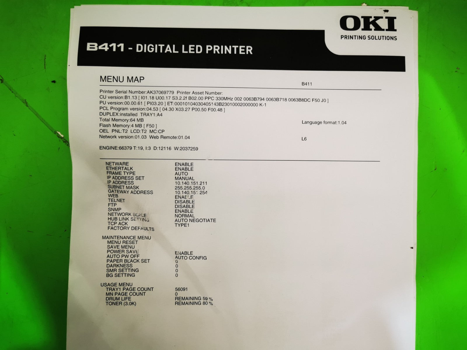 Oki B411dn Monochrome Laser Printer - USB/Ethernet/Parrallel - 56091 Page Count