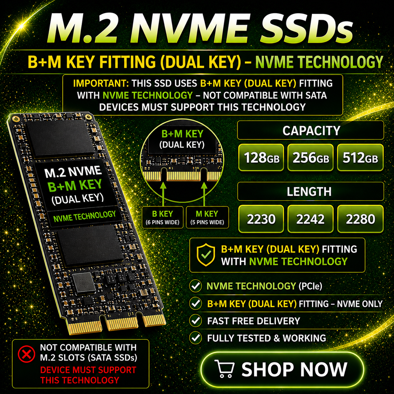 128GB - 256GB -  2230 - 2242 - 2280 - B+M Key M2 NVME Technology- Wholesale