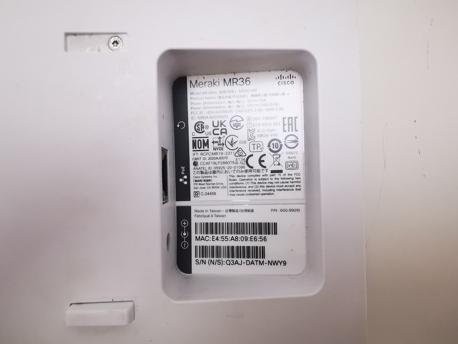 Cisco Meraki MR36 Wireless Access Point - Unclaimed / NO MOUNTING BRACKET