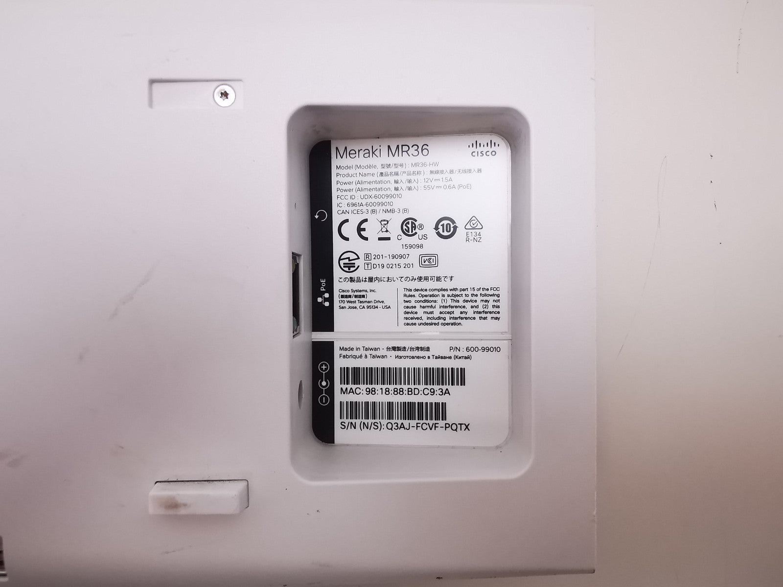 Cisco Meraki MR36 Wireless Access Point - Unclaimed / NO MOUNTING BRACKET