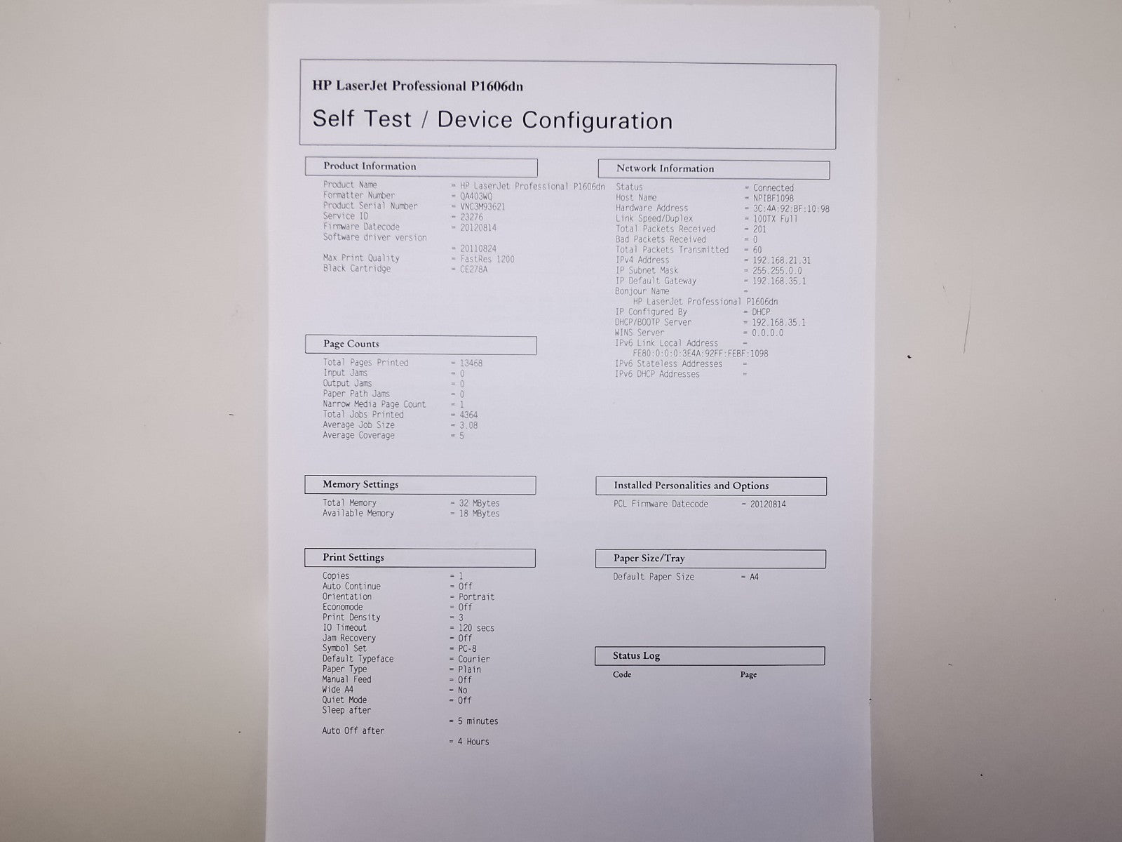 HP LaserJet P1606dn Mono Laser Printer - USB/Ethernet - 13468 Page Count