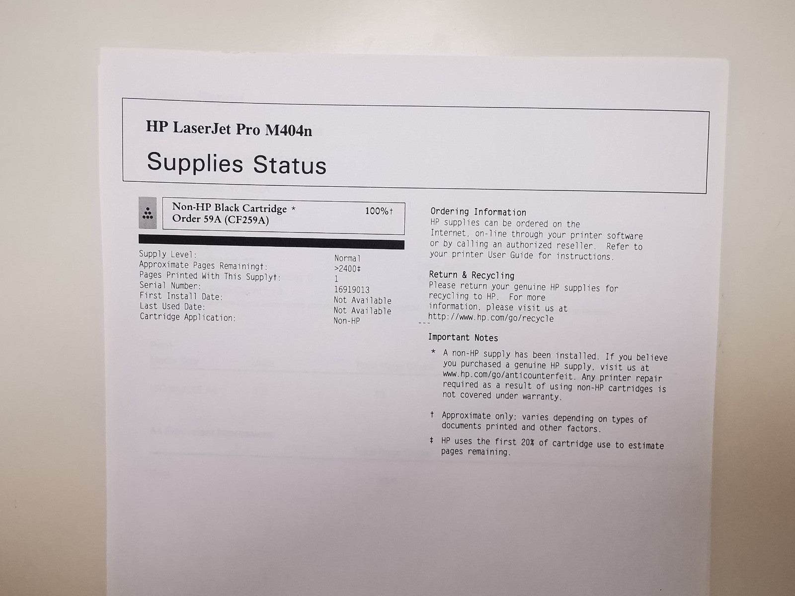 HP Laserjet Pro M404n Mono Laser Printer - USB/Ethernet - 13 Page Count
