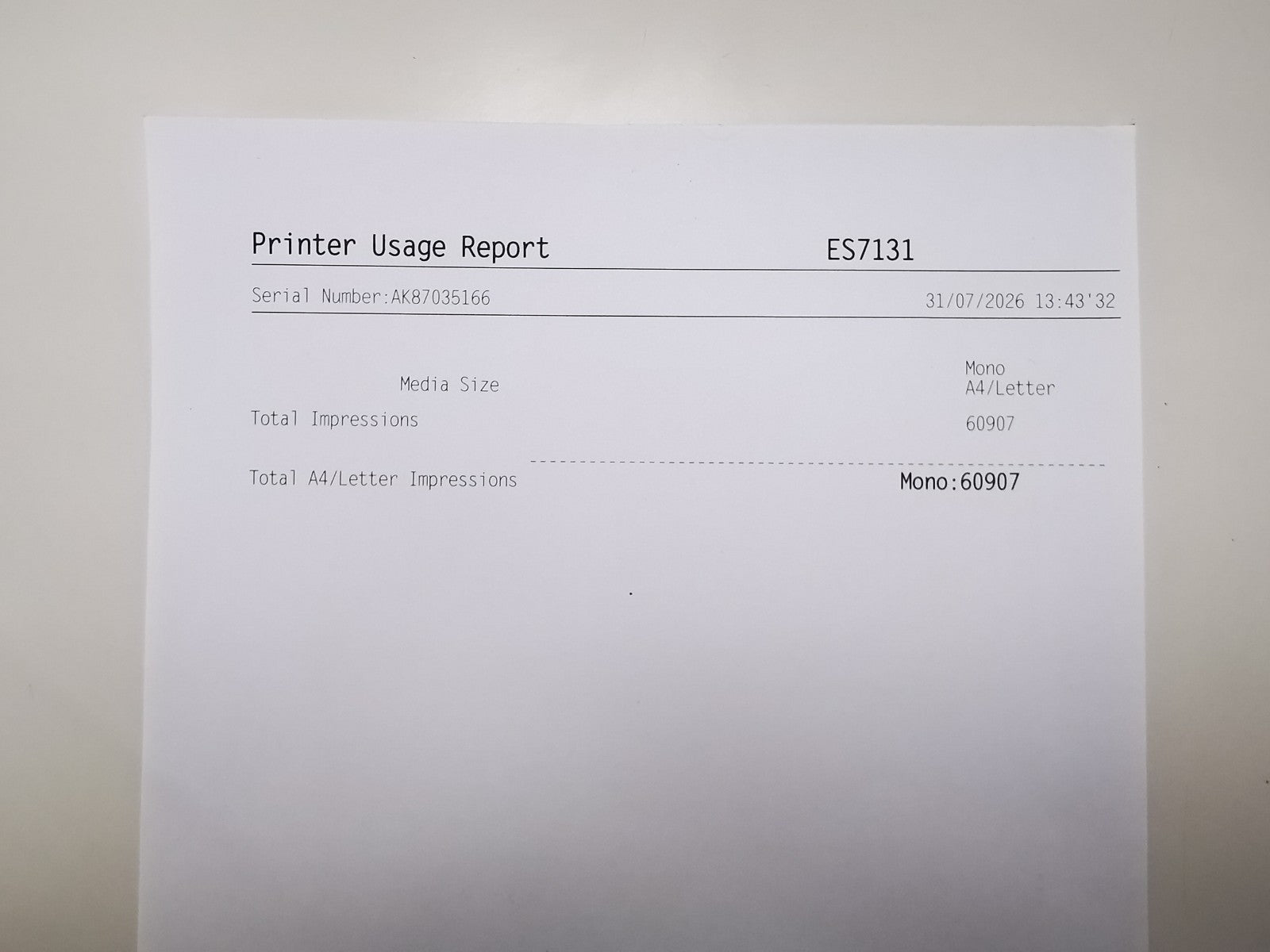 Oki ES7131 Mono Laser Printer - 60904 Page Count - USB/Ethernet